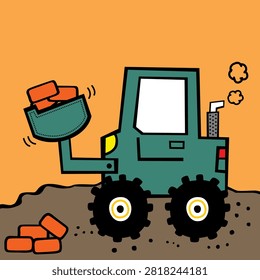 Green cartoon excavator lifting red bricks at construction site. Construction work concept