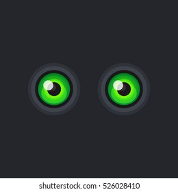 Green Cartoon Eyes on Dark Background. Vector