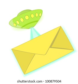 The green cartoon flying ufo is  delivering  an yellow envelope with message. Isolated on white vector illustration.