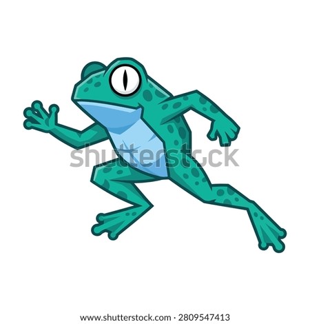 A green cartoon frog with big eye and spots on body jumping excitedly with arms out