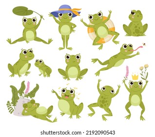 Green cartoon frogs  active water animals  cute amphibian  Funny frogs  sleeping   jumping froglets flat vector illustrations set  Cute froggy collection