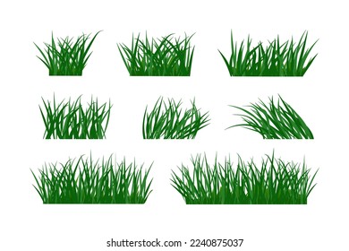 Green cartoon grass in bunches, clusters. Elements for various summer and spring designs. Ready template isolated on white background