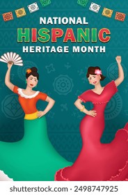 Green cartoon greeting card celebrating National Hispanic Heritage Month with two beautiful 3d female dancers in traditional flamenco attire, vibrant papel picado (paper flag) and traditional ornament