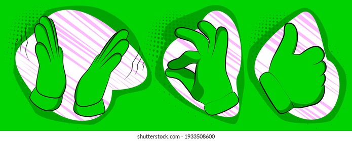 Green cartoon hand in gloves making signs. Vector illustration on a green background. Cute versions of positive finger symbols.