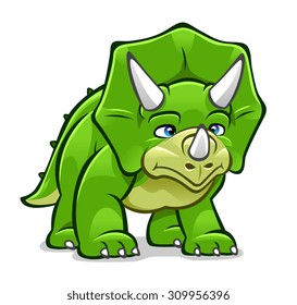 Green cartoon horned dinosaur Triceratops isolated on white.