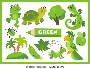Ilustración de dibujos animados verdes para aprender colores. Objetos verdes pequeños para los niños: rana, tortuga, árbol, lagarto, escarabajo, palma, pepino, hoja, saltamontes, manzana, loro.