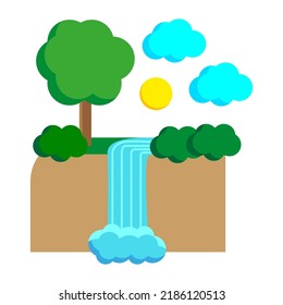 green cartoon landscape waterfall. Vector illustration. Stock image. 
