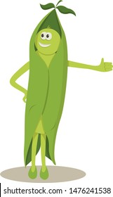 Сheerful green cartoon man peas with thumb up