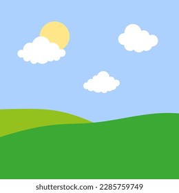 green cartoon meadow sun. Hills horizon. Vector illustration.