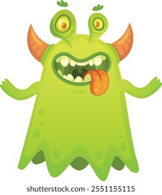 Green cartoon monster with horns sticking its tongue out, showing teeth and arms spread out, looking hungry, slimy and scary