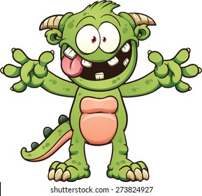 Green Cartoon Monster. Vector Clip Art Illustration With Simple Gradients.Mouth And Body Parts On Separate Layers.