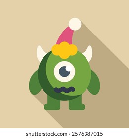 Green cartoon monster wearing christmas hat, with horns and single large eye, long shadow, simple flat design 