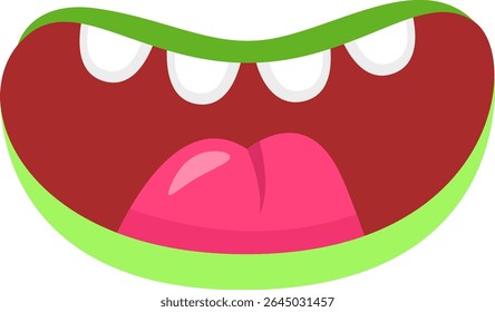 Green cartoon mouth with white teeth and pink tongue sticking out, making a funny face, ideal for children s illustrations or entertainment projects
