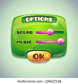 Green cartoon options panel, settings item for web or game UI design