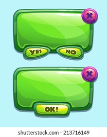 Green cartoon panels for game UI, including yes/no and Ok buttons