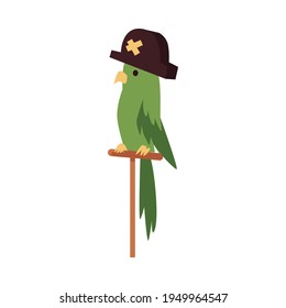 Green cartoon parrot bird with pirate hat sitting on wooden perch