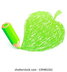 Green cartoon pencil with doodle leaf