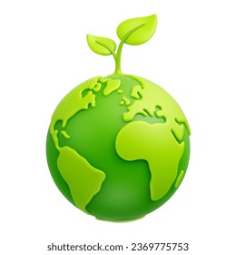 Green cartoon planet Earth with sprout and leaves 3d vector icon on white background. Earth day, ecology, nature and environment conservation concept. Save green planet concept