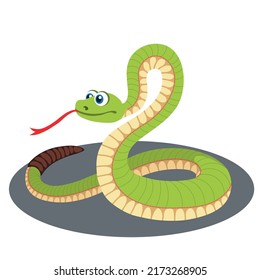 A green cartoon rattlesnake curled up above the ground with a red tongue sticking out.