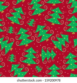 Green Cartoon Simple Christmas Tree on Red Seamless Pattern. New Year Background