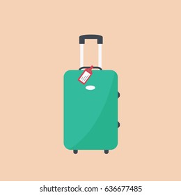 green cartoon single one isolated suitcase icon modern. single luggage vector flat design style on light background. baggage in holiday for travel & vacation with tag name isolated
