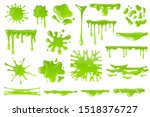 Green cartoon slime. Goo blob splashes, sticky dripping mucus. Slimy drops, messy borders for halloween banners isolated vector spooky toxic drip texture set