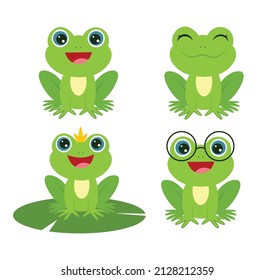 Green cartoon smiling frogs. Frog in glasses. Vector illustration.