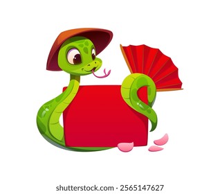 Green cartoon snake character wearing traditional conical Chinese hat, with a red fan and petals, coiling around a red square banner, conveys festivity and joy for lunar new year or celebrations 2025