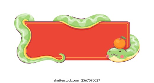 Green cartoon snake with mandarin fruit on its head, wrapping around a rectangular red banner. Vector cute reptile radiates joy and symbolizes prosperity for Chinese lunar new year 2025 celebrations