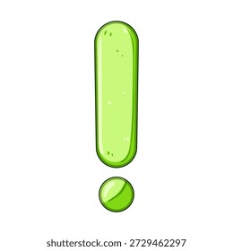 Ilustração gráfica de ponto de exclamação de estilo de desenho animado verde destacando-se com um contorno escuro e destaques, comunicando conceitos de alerta, atenção, pergunta, surpresa, perigo ou informação