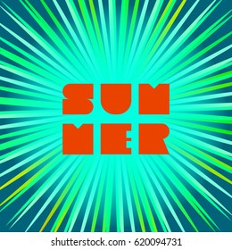 Green cartoon summer card, banner, flyer from rays of sun. Vector illustration of explosion, burst