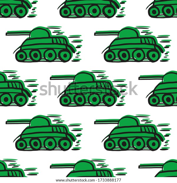 Green cartoon tanks\
isolated on white background. Side view. Cute childish seamless\
pattern. Colored outline silhouette. Hand drawn vector graphic\
illustration. Texture.