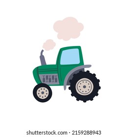 Green cartoon tractor isolated on white background. Vector cartoonish tractor illustration for kids. 