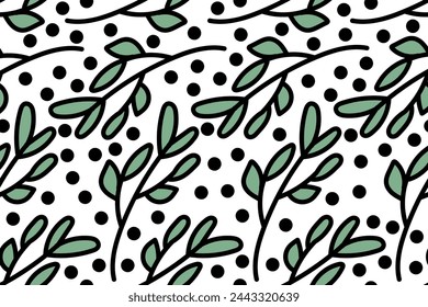 Green cartoon tree branch with black berries. Botanical seamless vector pattern for design and decoration.