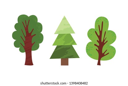 Green cartoon trees in flat style isolated. Vector spruce and pine, birch and oak, brown trunk and green leaves. Summer plants for decorations and design