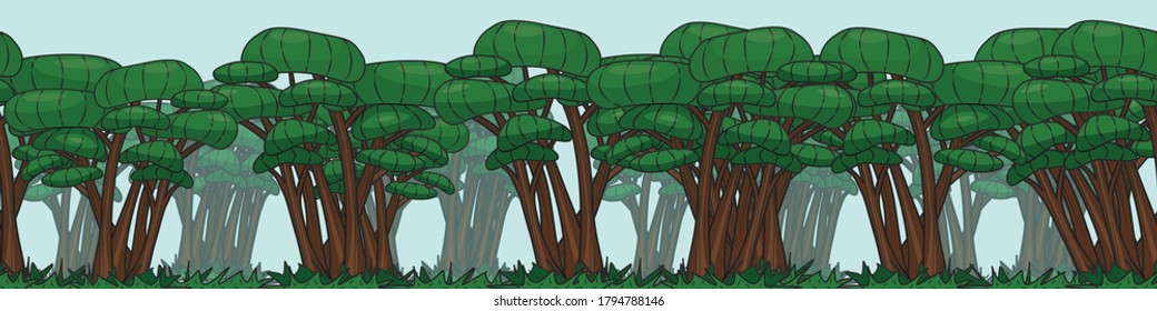 green cartoon trees or forest with grass seamless border on blue background