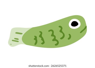 Green Cartoon Tropical Fish Illustration. Flat cartoon-style illustration of a green tropical fish with simple shapes and wavy details. Isolated on white background.