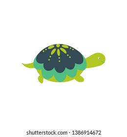 Green cartoon turtle cute character isolated vector. Kid style funny tortoise marine animal.