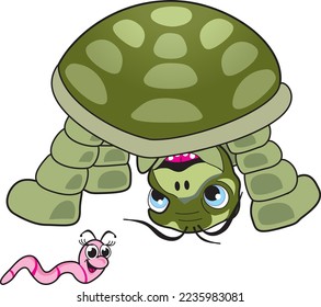 Green cartoon turtle looking under it's body to a pink worm