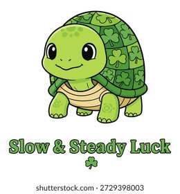 Mascota de tortuga de dibujos animados verde con patrón de concha de trébol. Concepto de suerte lenta y constante para las vacaciones de San Patricio.