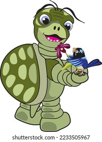 Green cartoon turtle from the side looking at a blue fairy-wren bird which sits on it's hand with a flower.