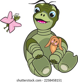 Green cartoon turtle sitting with a rabbit toy in it's arm and looking at a pink butterfly