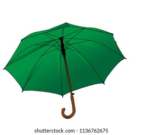 Green cartoon umbrella - cane icon isolated on white background. Opened big parasol silhouette, womans accessory for protecting of rain or sunlight, security concept, vector illustration, eps 10