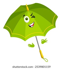 Green cartoon umbrella character with face and cute happy smile. Cartoon umbrella mascot. Rainy weather rain protection. Vector illustration cute character, mascot