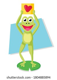 Dibujo verde de rana vectorial con signo cardíaco. Mascota de la ilustración para los negocios. Carácter de incendio natural aislado en fondo blanco. Toque de croaking verde sobre hojas de loto