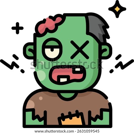 Green cartoon zombie with a missing tooth, perfect for Halloween themed designs, children's illustrations, spooky activities, and festive decorations.