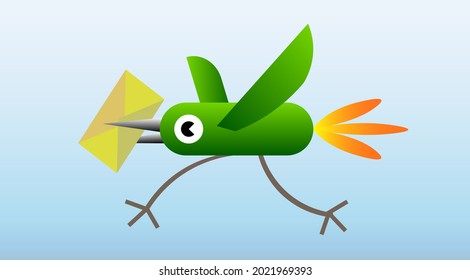 Green cartoonish bird running before taking off with the letter in its beak. Postal and delivery service concept. Mailing software logo