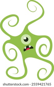 Green cartoonish creature resembling a virus or bacteria, with one large eye, small mouth, two sharp teeth, and four tentacle-like appendages that curl at the ends. Whimsical and playful design.