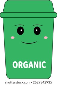 A green cartoon-style trash bin labeled "ORGANIC" with a friendly face, promoting waste separation in schools and learning materials.