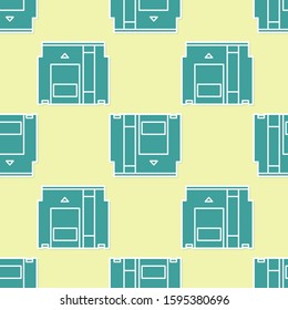 Green Cartridge for retro game console icon isolated seamless pattern on yellow background. TV Game cartridge.  Vector Illustration
